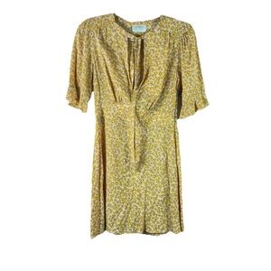 AUGUSTE womens size 4 pink mustard yellow floral cinch waist tie neck midi dress